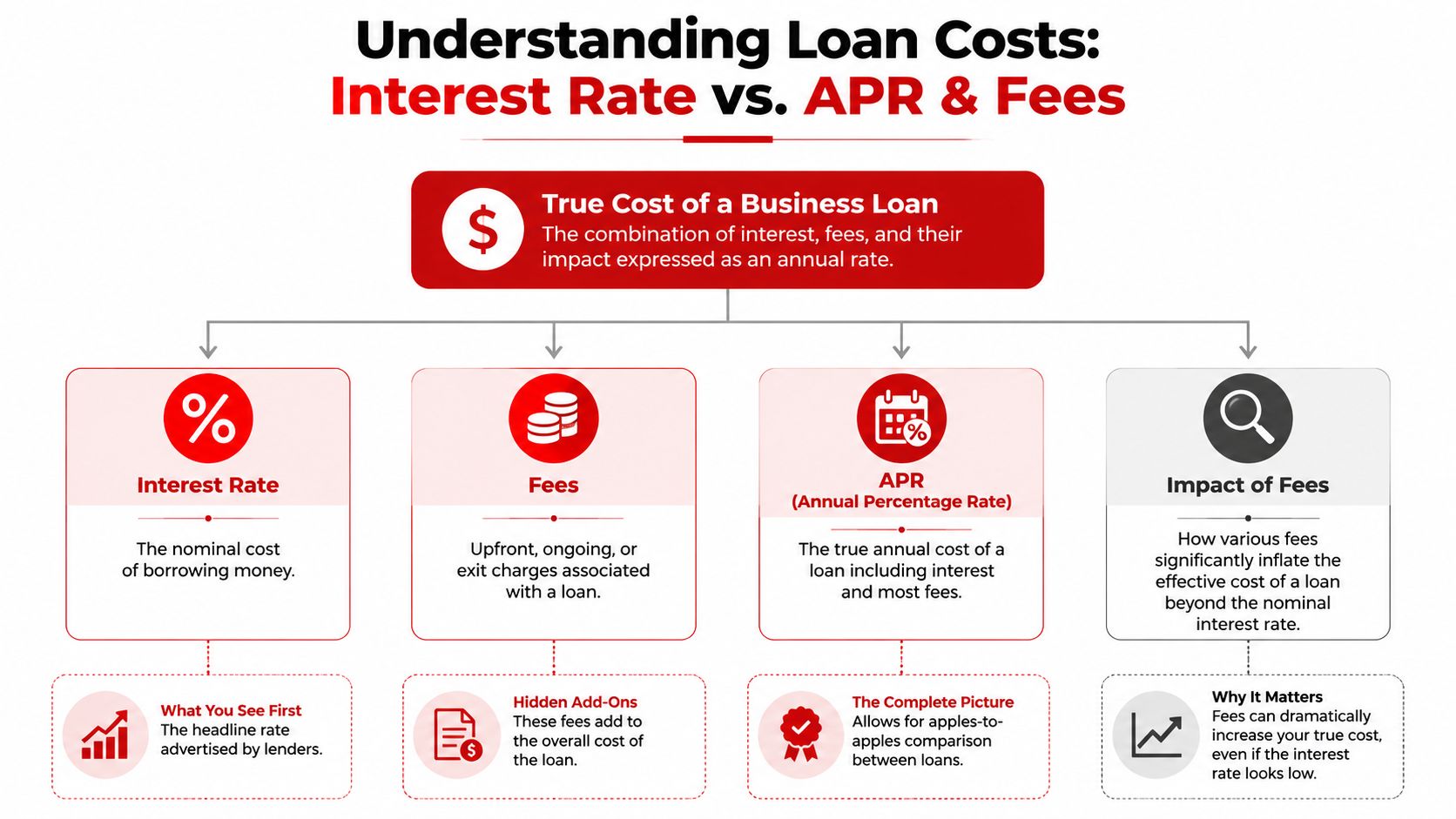 An infographic explaining the differences between interest rates, fees, and APR for business loans.