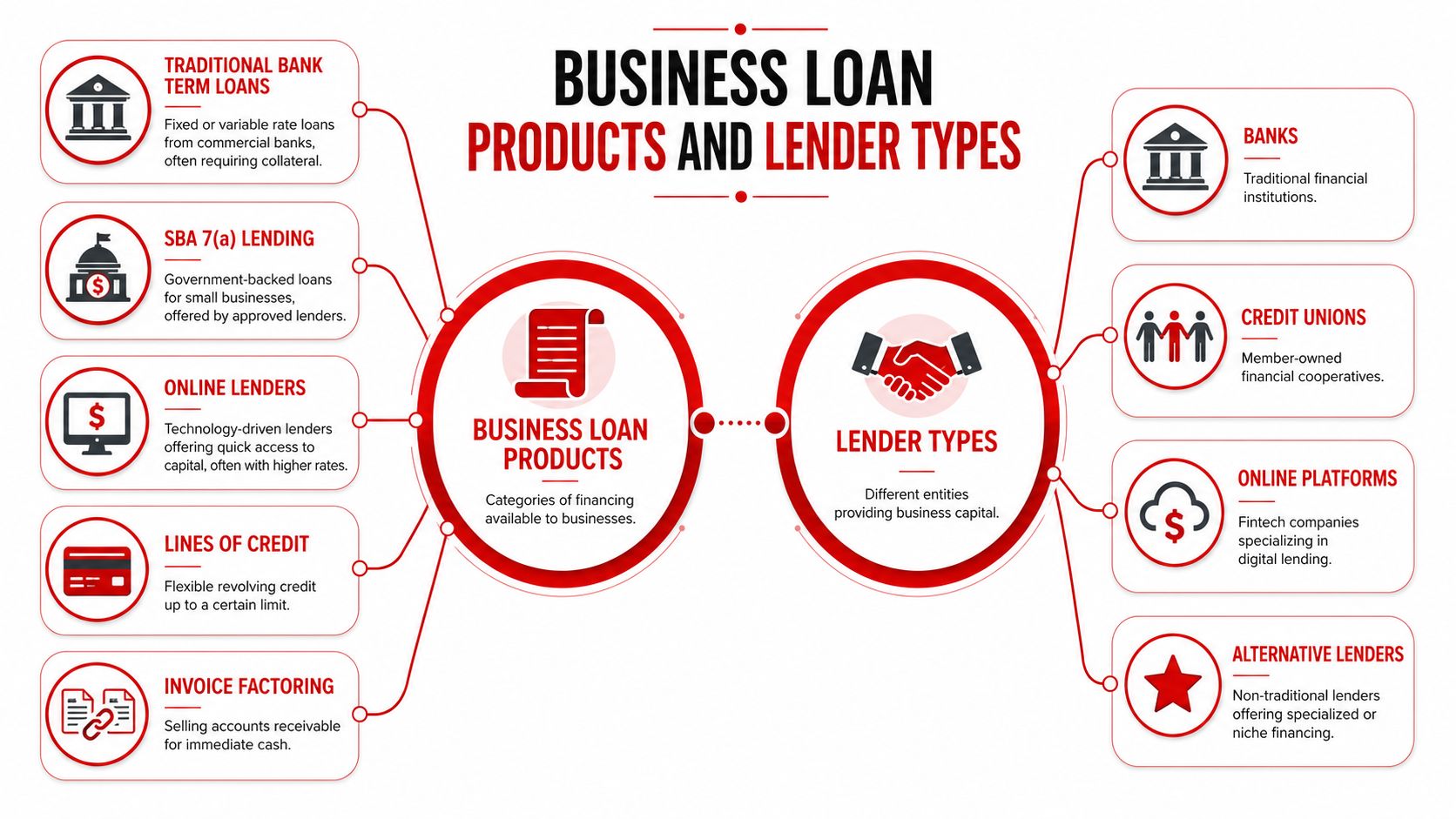 A comprehensive infographic illustrating various types of business loan products and different lender types available to companies.