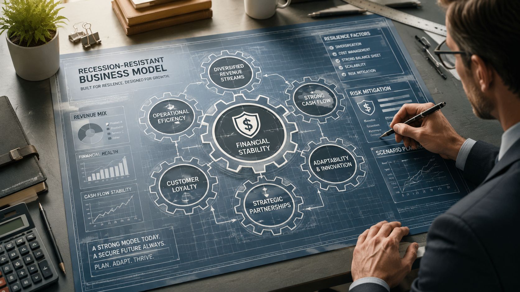 A professional analyzing a blueprint on a desk titled Recession-Resistant Business Model with financial strategy gears.