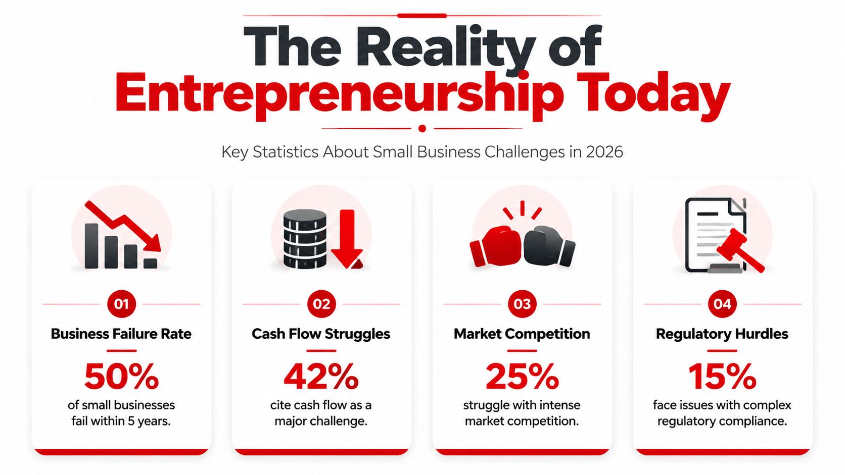 An infographic detailing top challenges for small businesses in 2026, including failure rates, cash flow, and competition.