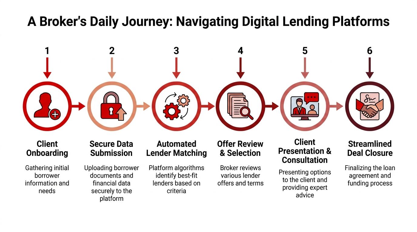 A six-step infographic illustrating a broker's daily workflow for navigating digital lending platforms for clients.