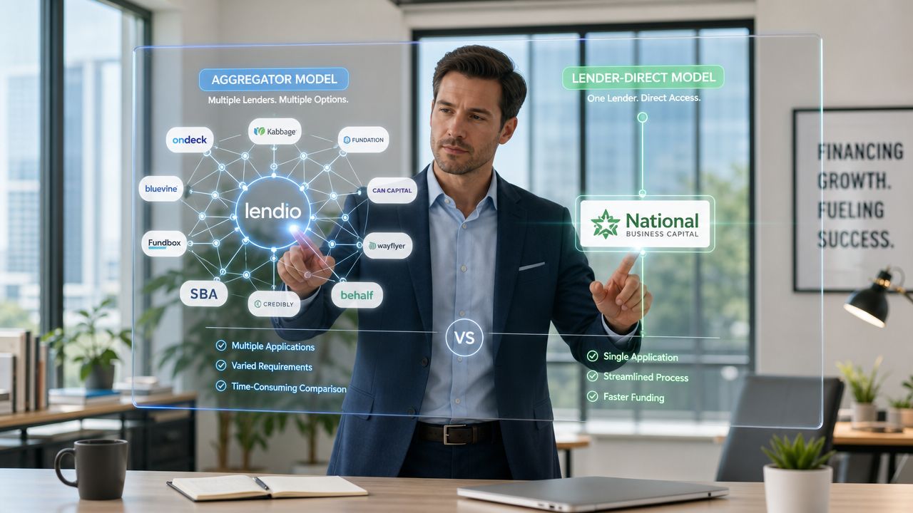 A professional man compares the aggregator lending model against the lender-direct model on a digital interface.