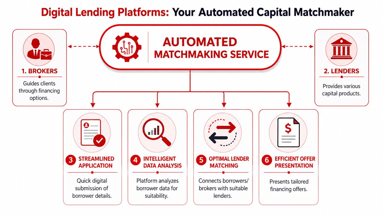 A diagram illustrating how digital lending platforms use automated matchmaking to connect brokers with lenders.