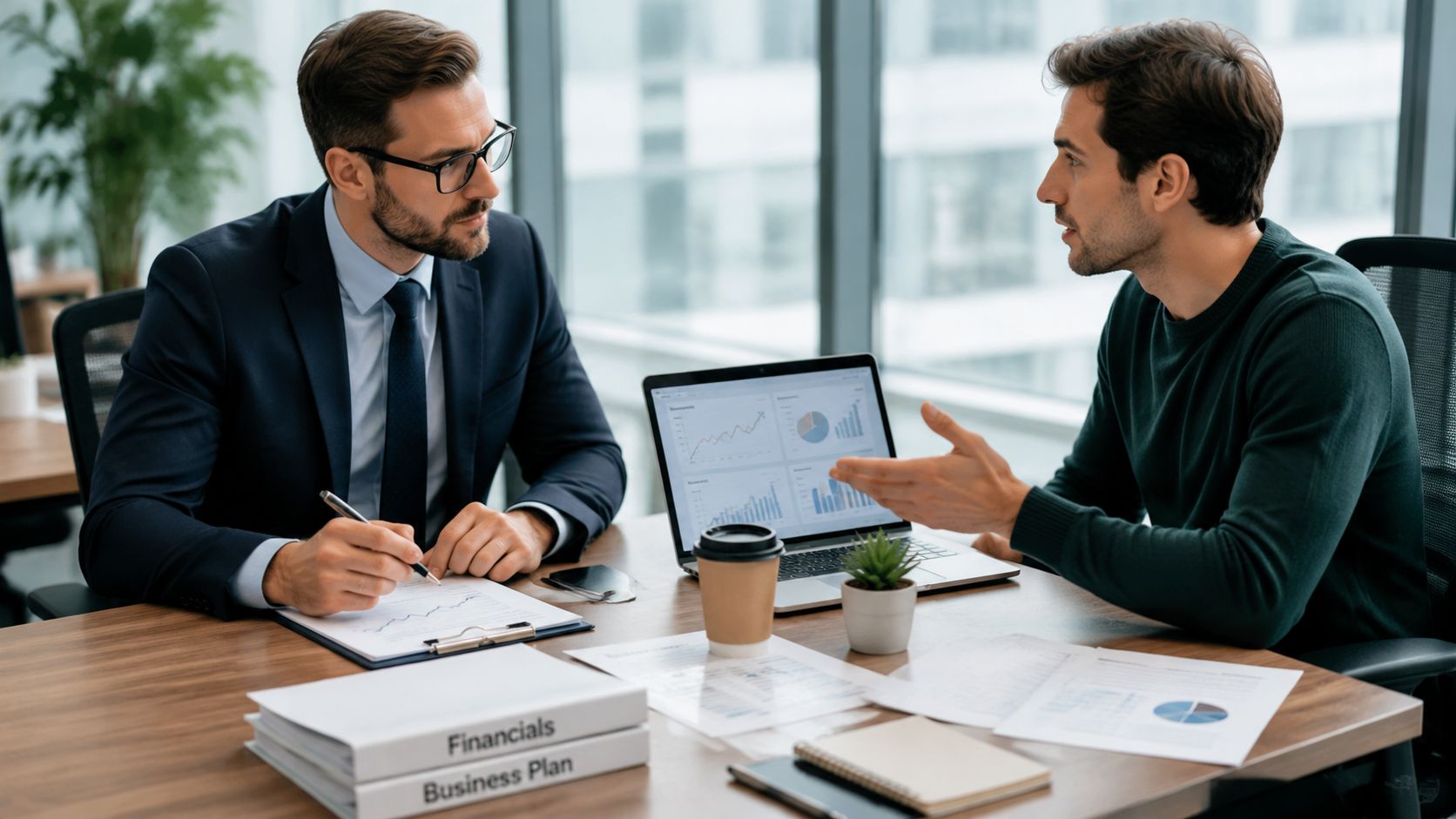 A professional business meeting between a financial advisor and a client discussing startup business plan financials.