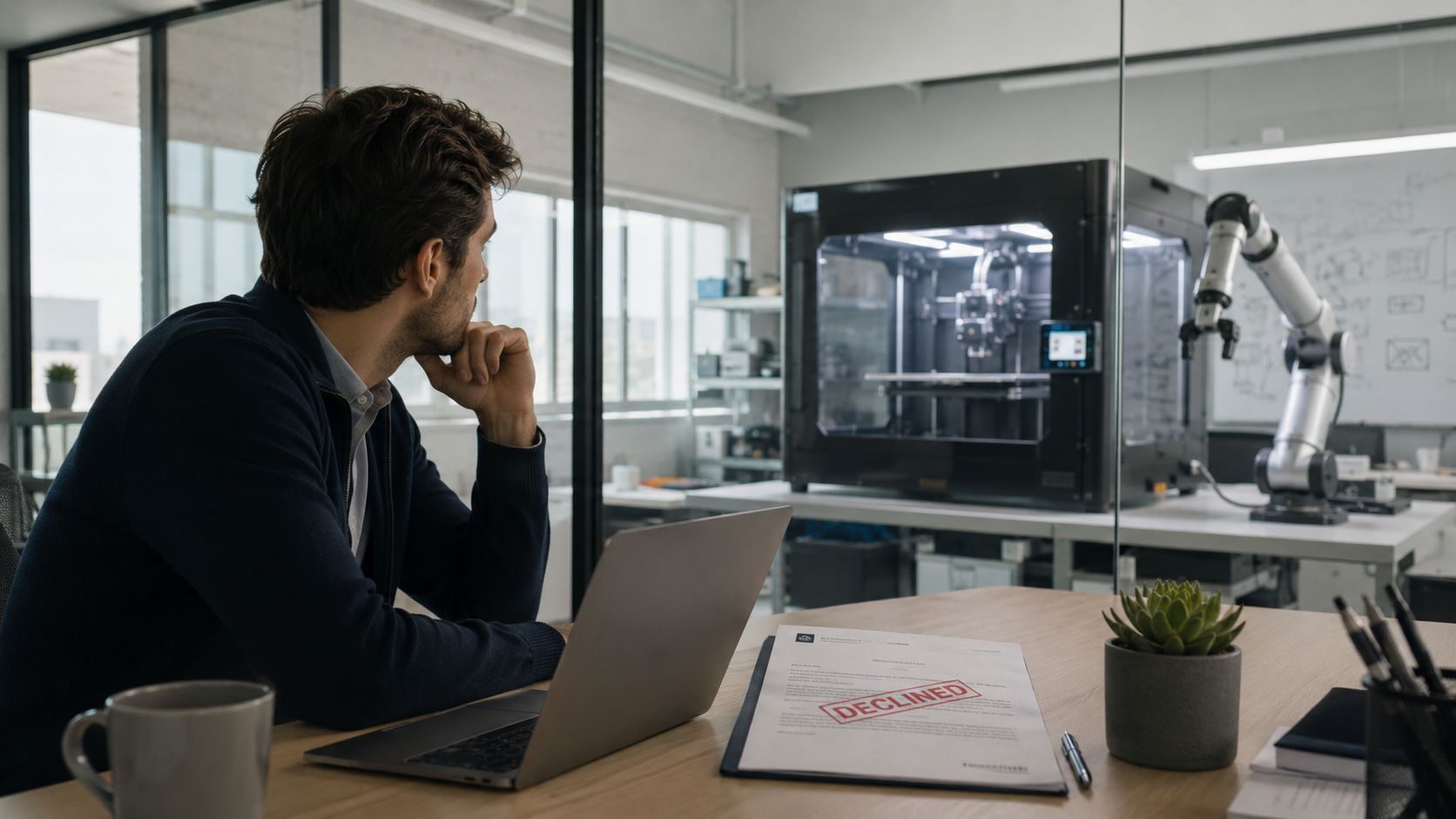 A frustrated entrepreneur looking at a 3D printer in an office after receiving a declined application.