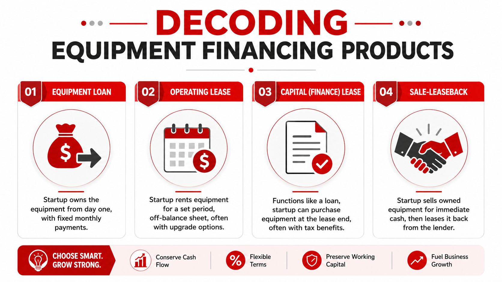 A diagram explaining four common equipment financing options available for startup businesses, including loans, leases, and sale-leasebacks.