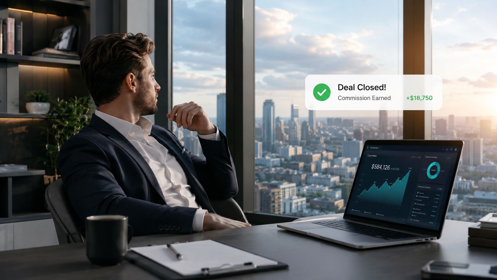 A professional man sitting at an office desk overlooking a city skyline with a digital deal notification.