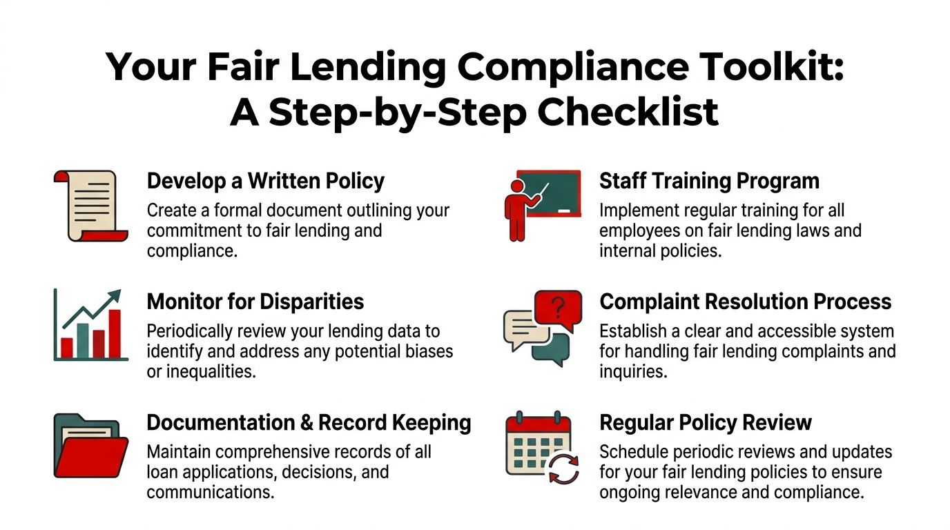 A checklist infographic titled Your Fair Lending Compliance Toolkit outlining six essential steps for financial institutions.