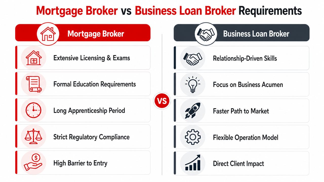 A comparison chart outlining the professional requirements for mortgage brokers versus business loan brokers.