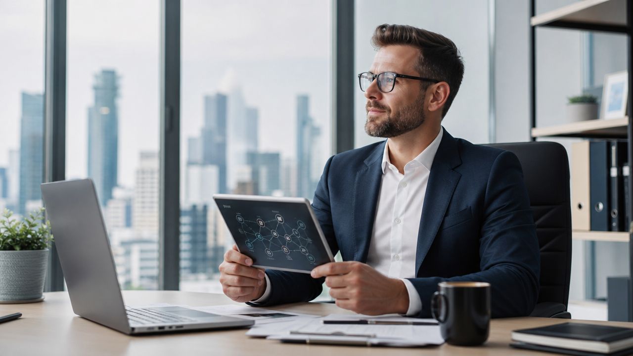 A professional finance broker wearing a suit reviews digital data on a tablet in a modern office.