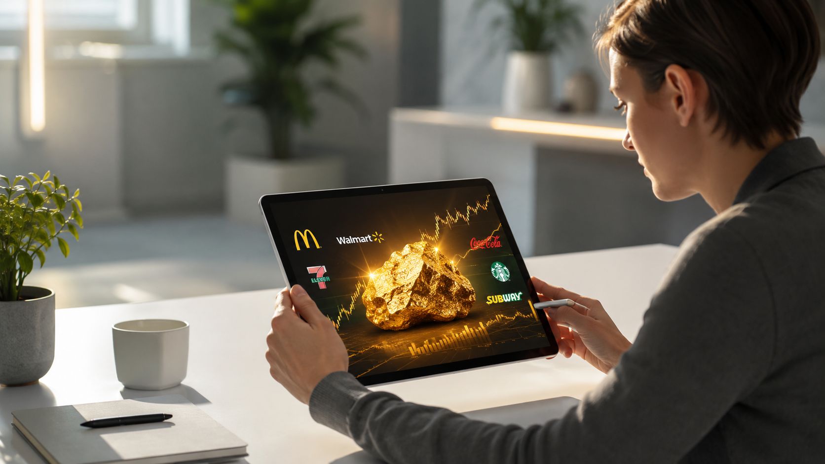 A professional analyzing financial data and corporate branding on a digital tablet at a modern office desk.