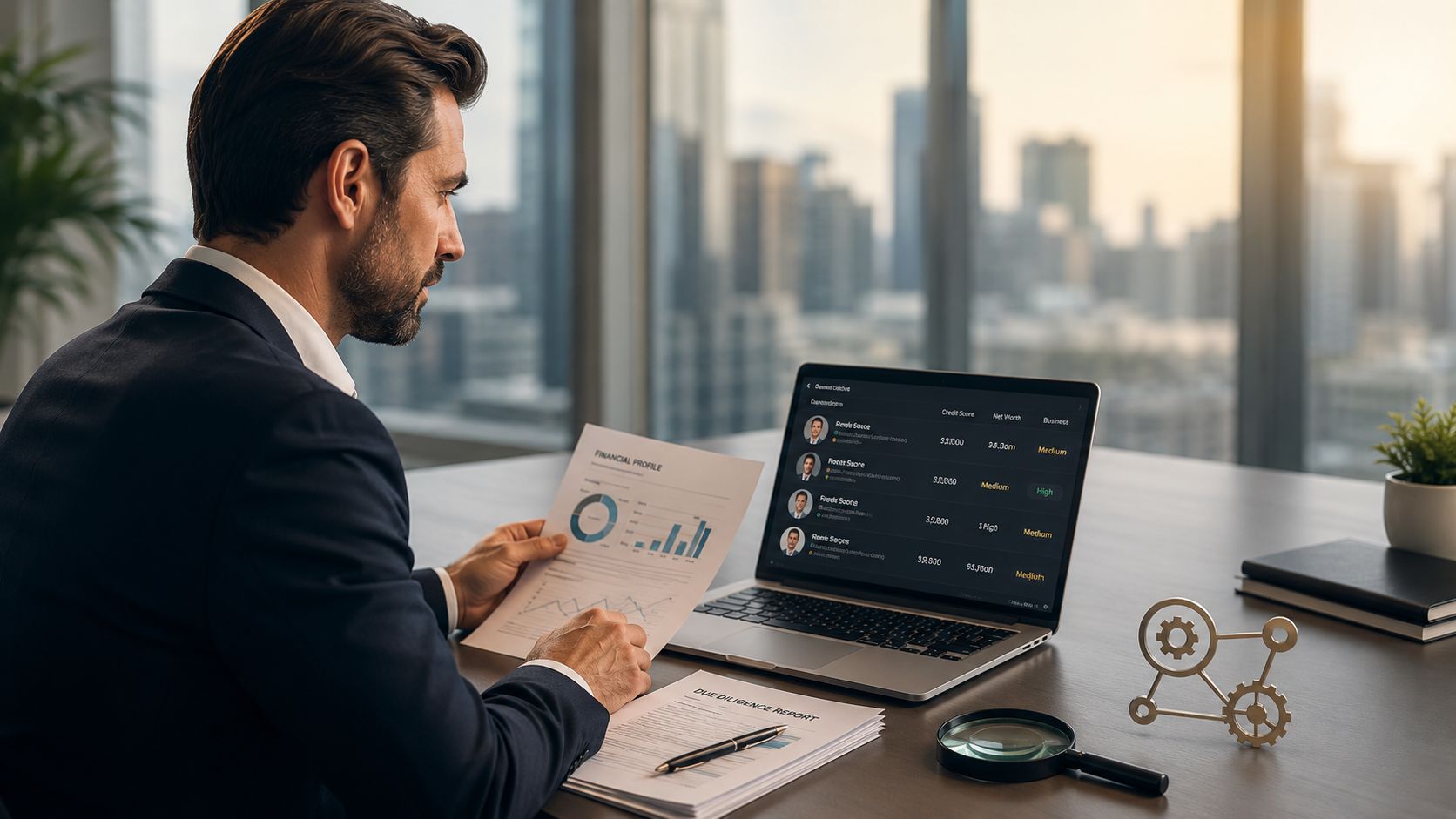 A professional man reviewing financial profiles on a laptop and documents while sitting in an office.