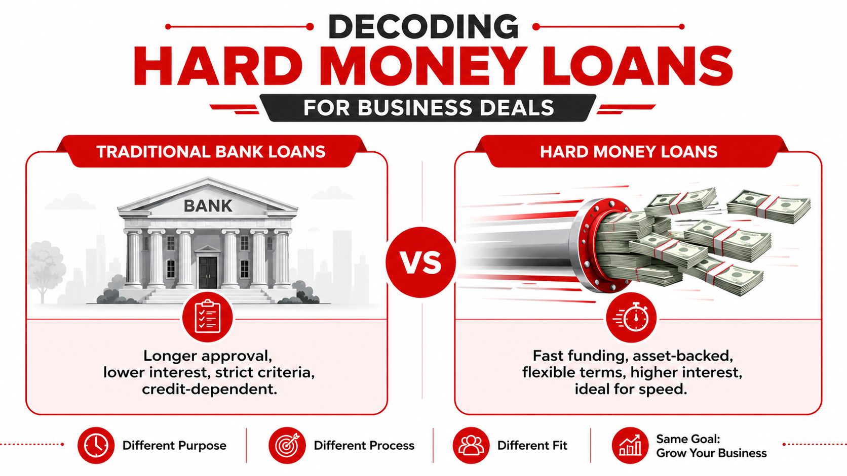 An infographic comparing traditional bank loans and hard money loans for business financing and investment growth.