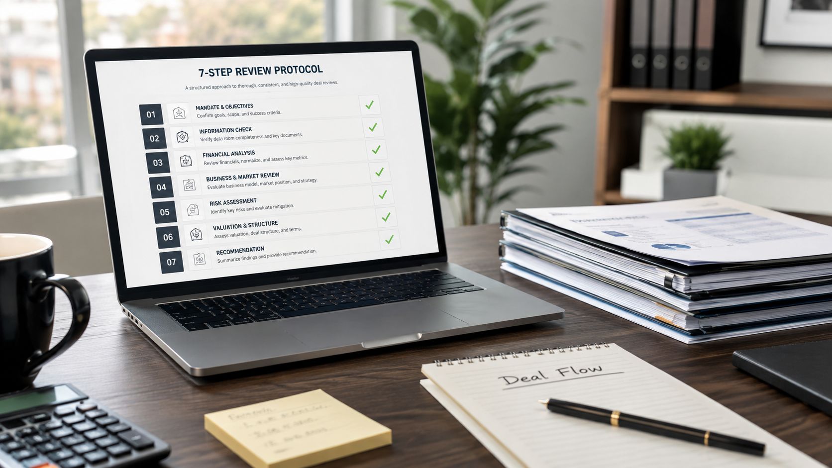 A professional laptop showing a 7-step review protocol checklist on a desk with papers and stationery.
