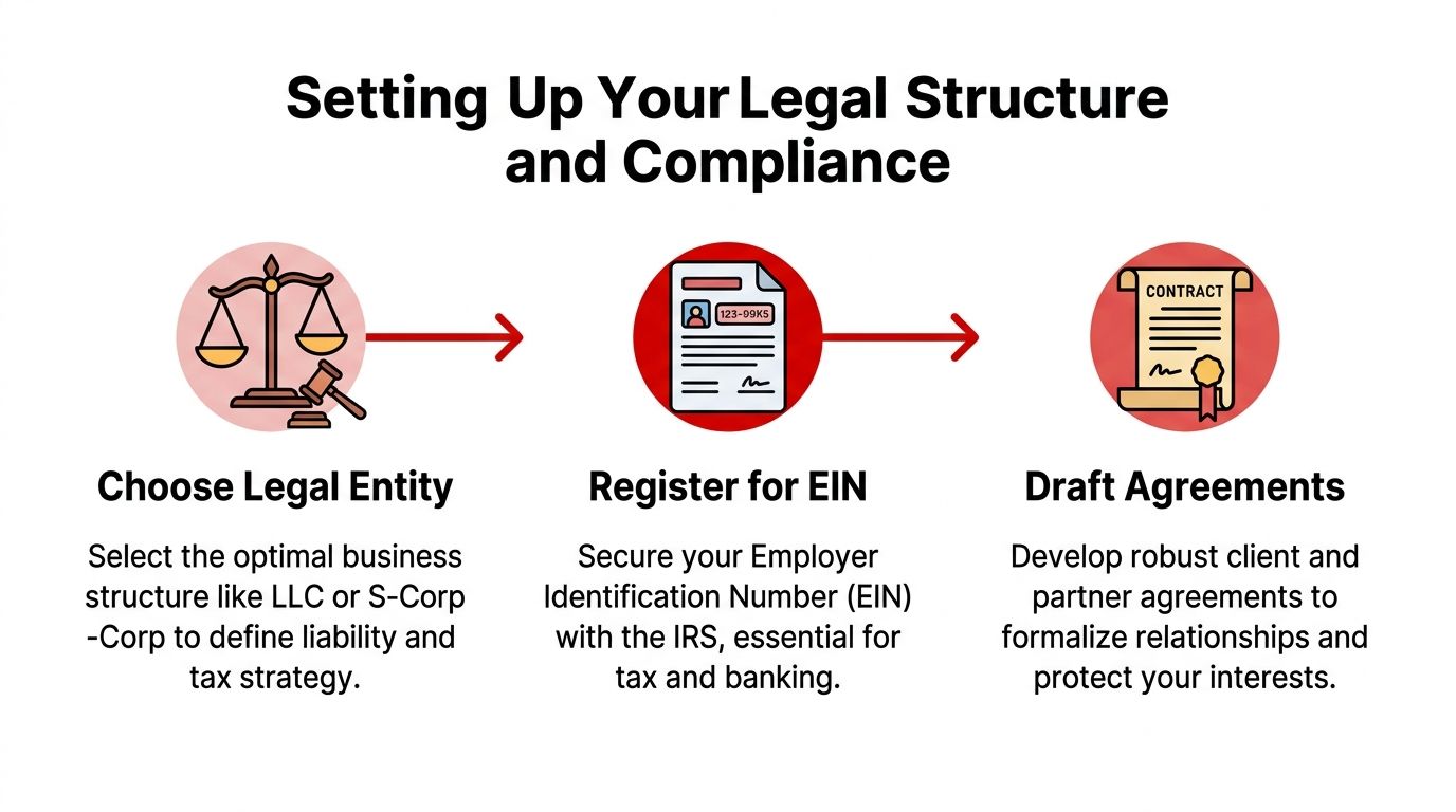 A graphic illustration detailing the three essential steps for setting up a business legal structure and compliance.