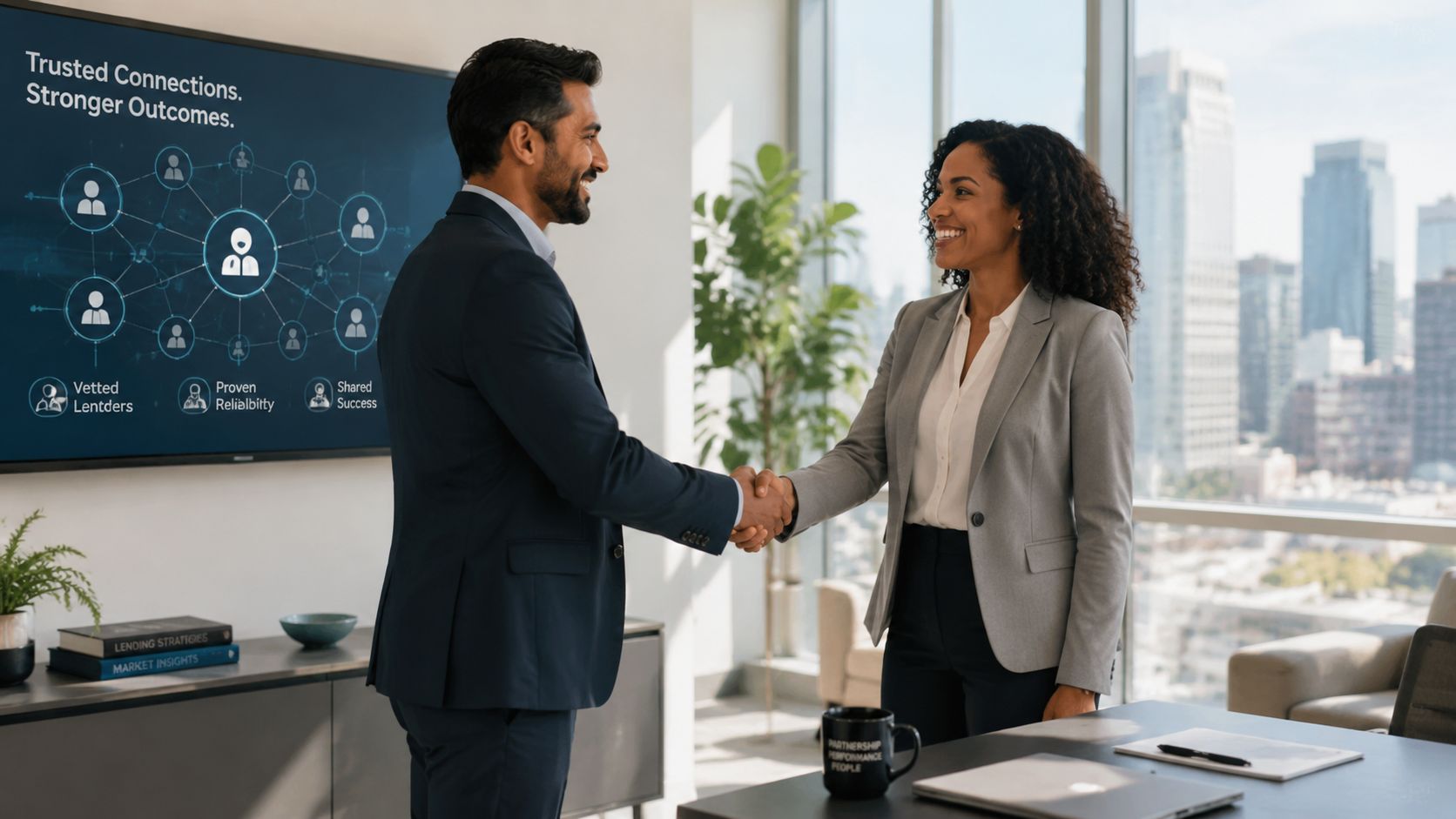 A professional man and woman shaking hands in a bright office while a business presentation plays onscreen.