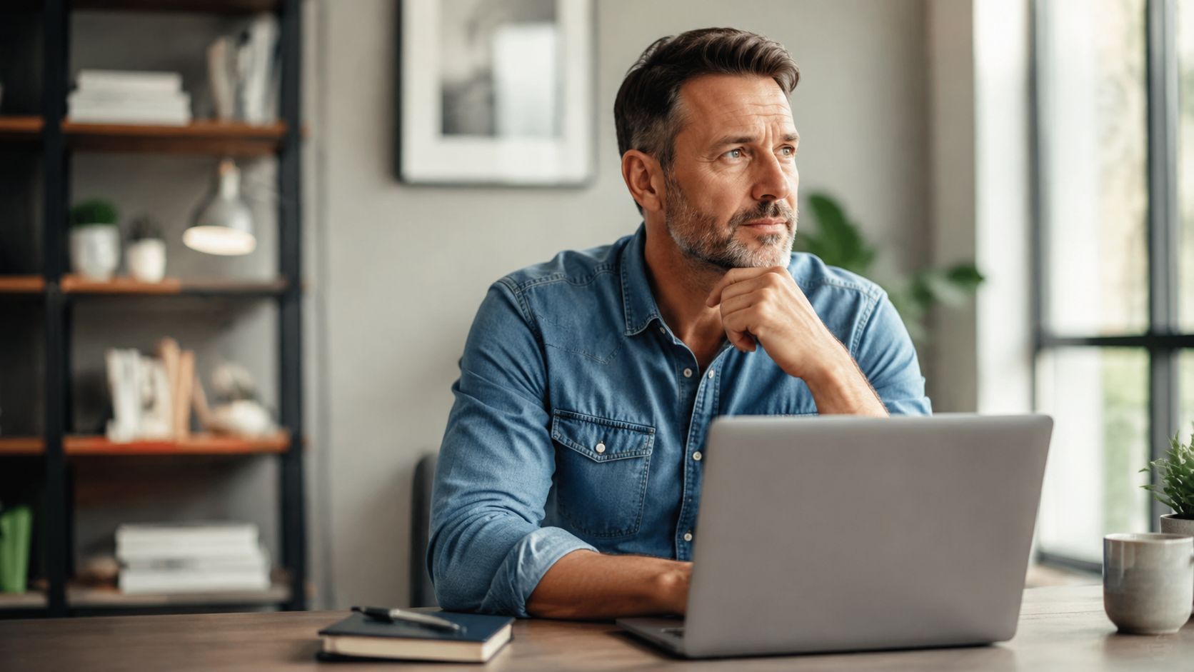 A middle-aged man with a beard sitting at his desk, thoughtfully considering a strategy on his laptop.