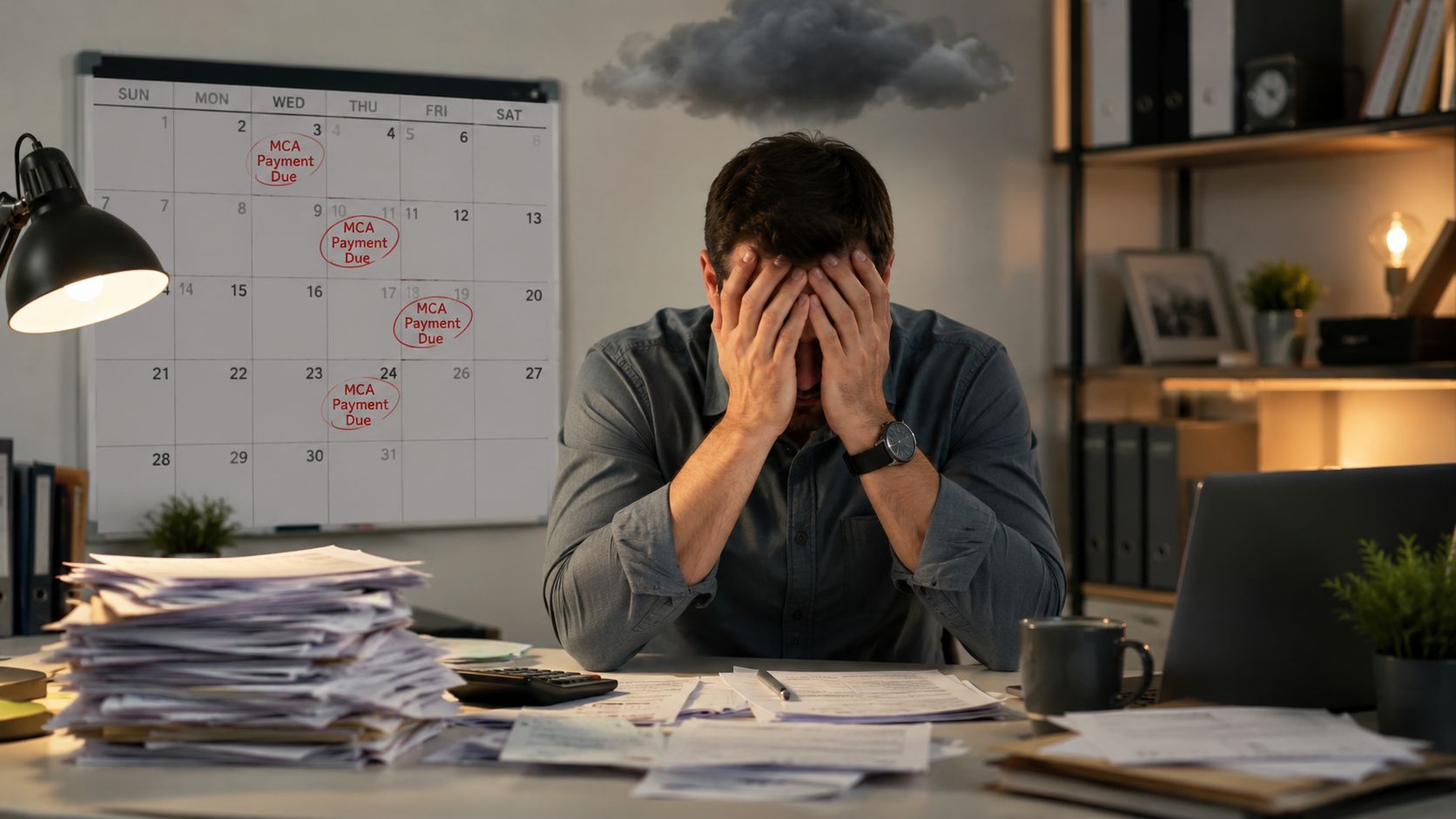 A stressed businessman sitting at a desk overwhelmed by paperwork and upcoming MCA payment deadlines.