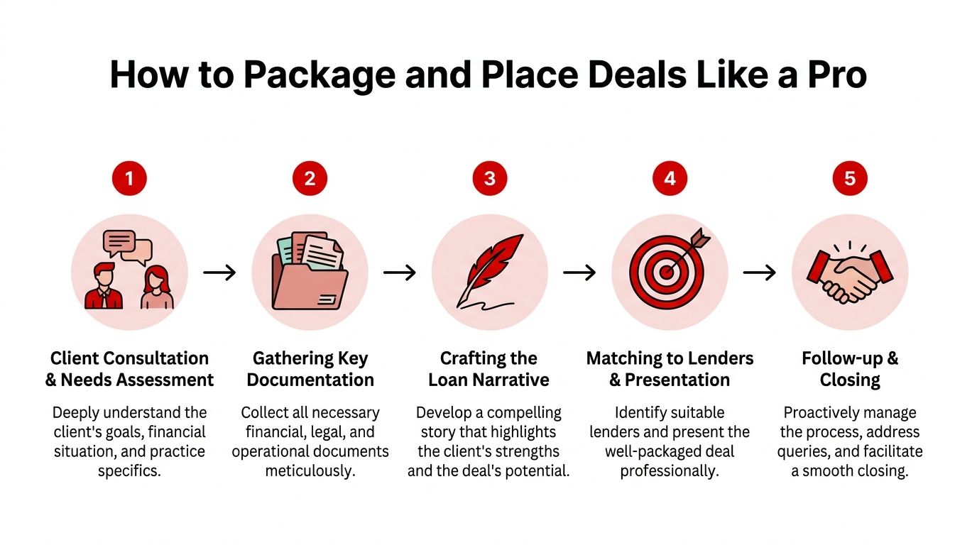 A five-step infographic showing the professional process of packaging and placing medical practice loans.
