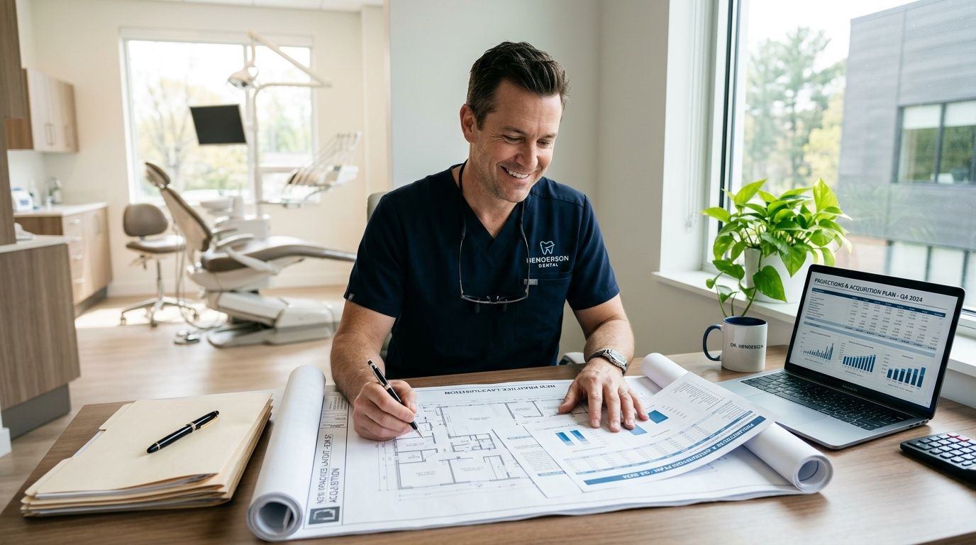 A smiling dentist reviews architectural floor plans and financial projections at his office desk.