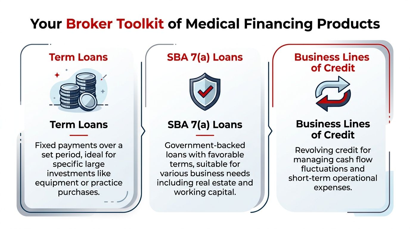 A visual guide outlining three medical financing products including term loans, SBA 7(a) loans, and lines of credit.