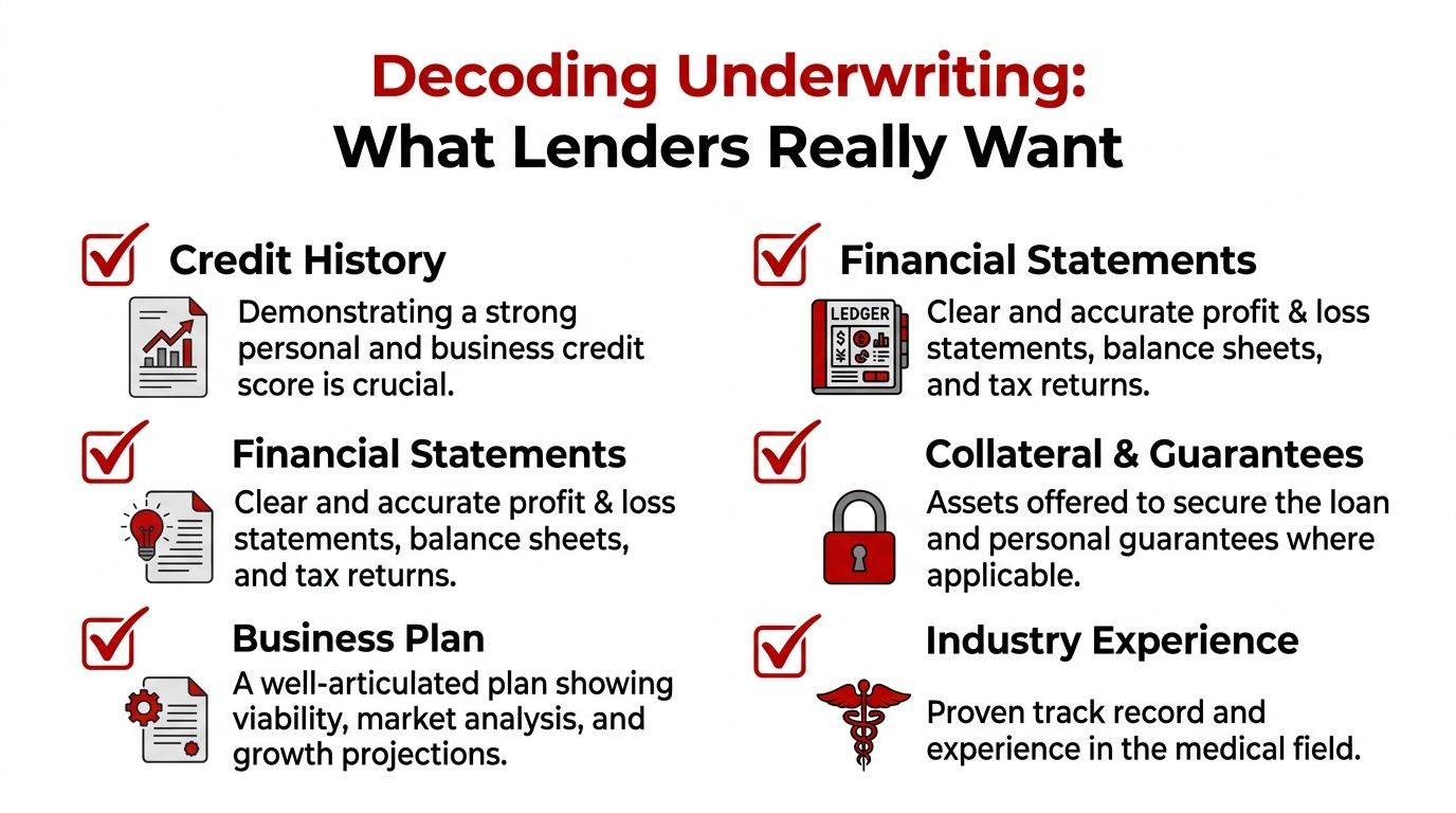 A graphic titled Decoding Underwriting: What Lenders Really Want, showing key requirements for medical practice loans.