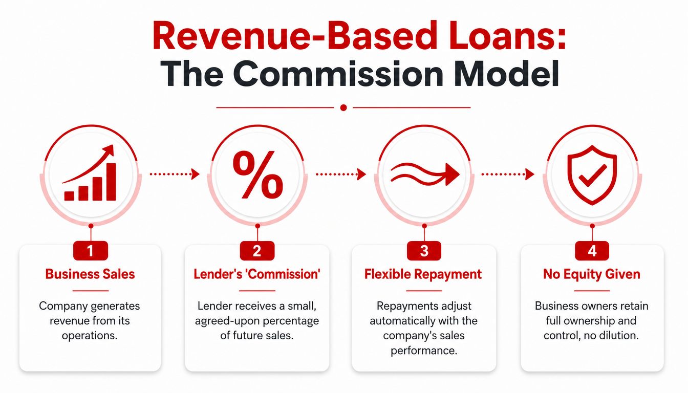 A four-step infographic explaining how revenue-based business loans work through a commission model for company owners.
