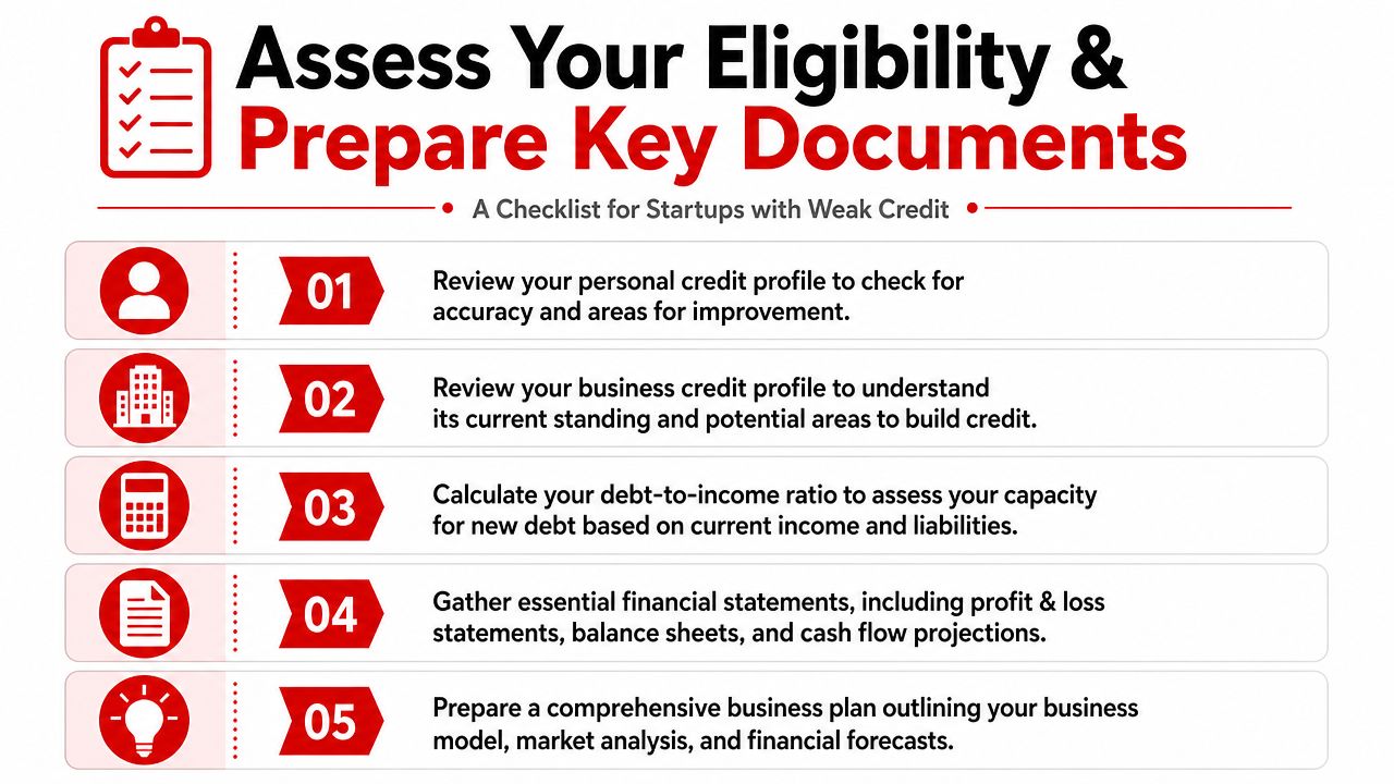 A five-step checklist infographic for startups with weak credit to assess eligibility and prepare documents.