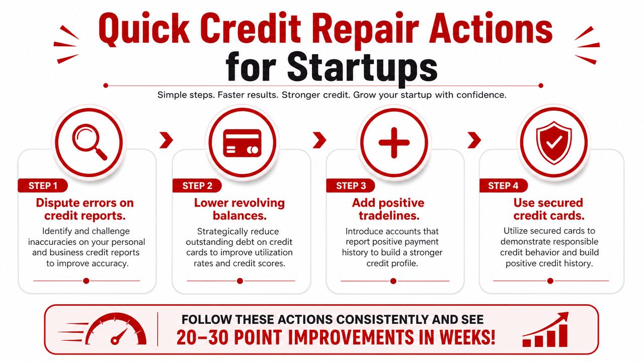 A step-by-step infographic showing four quick actions to improve startup credit scores for better financing.