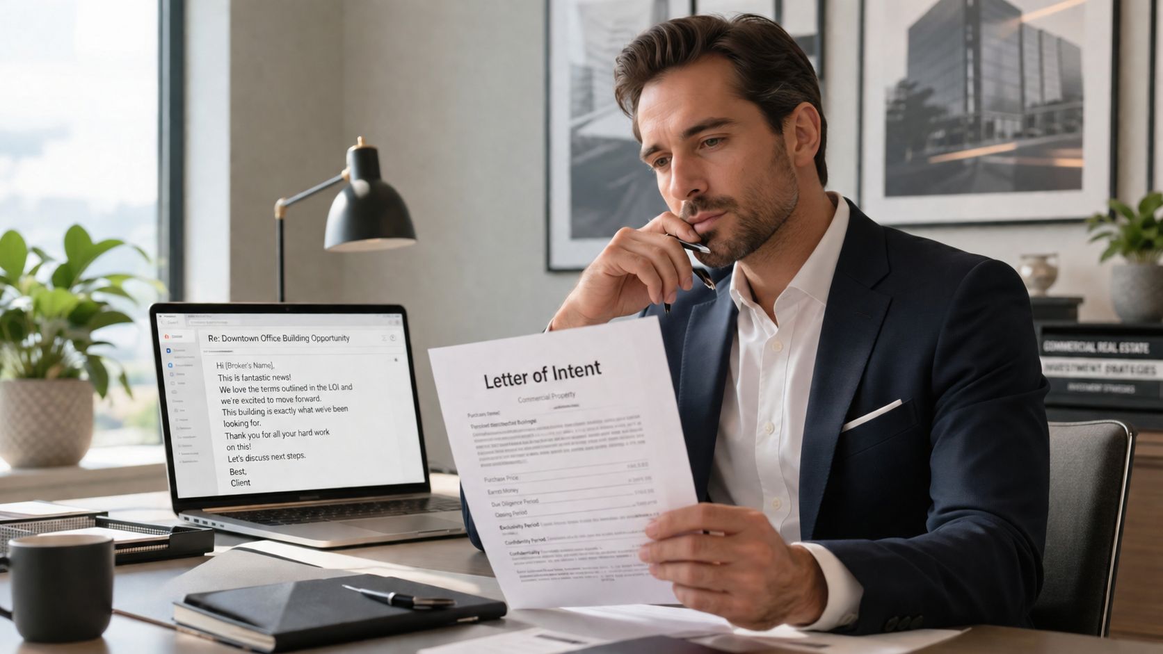 A professional man in a suit reading a Letter of Intent document in his office.
