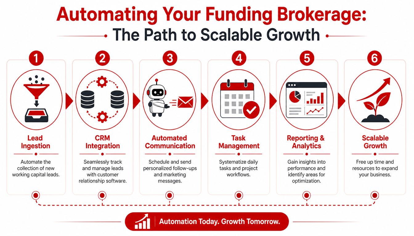 A six-step infographic showing the automated process for scaling a funding brokerage and acquiring capital leads.