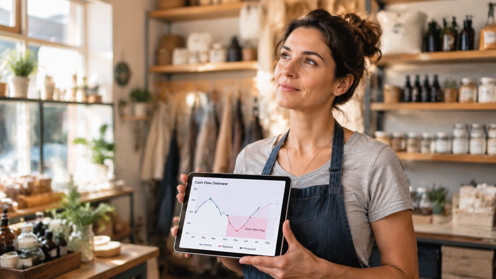 A female shop owner holding a tablet displaying a financial cash flow chart with a gap.